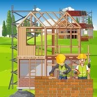 House construction site with workers cartoon vector