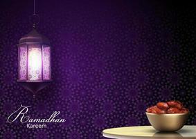 Ramadan Kareem greetings with lanterns hanging and a bowl of dates on dinner table vector