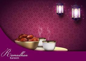 Ramadan Kareem background. Iftar party with traditional coffee cup, bowl of dates and lanterns hanging in a purple glowing background vector