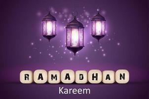 Ramadan Kareem greetings with lanterns in a glowing background vector