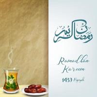 Ramadán kareem iftar. cuenco de fechas con un vaso de té. saludo tarjeta modelo vector