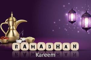 Ramadan Kareem background. Iftar party with traditional coffee pot, dried dates and lanterns hanging in a purple glowing background vector