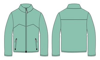 Long sleeve jacket with pocket and zipper technical fashion flat sketch vector illustration Green color template front and back views. Fleece jersey sweatshirt jacket for men's and boys.