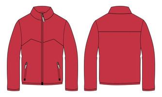 Long sleeve jacket with pocket and zipper technical fashion flat sketch vector illustration Red template front and back views. Fleece jersey sweatshirt jacket for men's and boys.