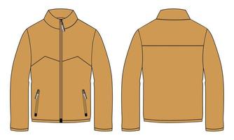 Long sleeve jacket with pocket and zipper technical fashion flat sketch vector illustration Yellow Color template front and back views. Fleece jersey sweatshirt jacket for men's and boys.