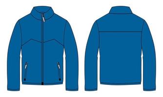 Long sleeve jacket with pocket and zipper technical fashion flat sketch vector illustration Blue Color template front and back views. Fleece jersey sweatshirt jacket for men's and boys.