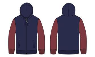 Two tone navy and red Color Long sleeve hoodie technical fashion flat sketch vector illustration template front and back views isolated on white background.