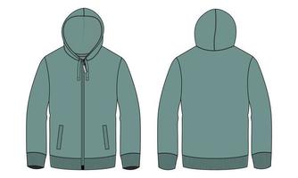 Long sleeve hoodie technical fashion flat sketch vector illustration Green Color template front and back views isolated on white background.