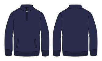 Long sleeve jacket sweatshirt with pocket and zipper technical fashion flat sketch vector illustration Navy Color template front and back views.