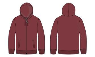 Long sleeve hoodie technical fashion flat sketch vector illustration red Color template front and back views isolated on white background.