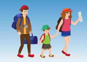 Parents and children backpacking on weekends. vector illustration