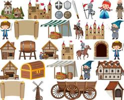 Medieval characters buildings set vector