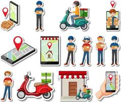 Sticker set of delivery objects and cartoon characters vector