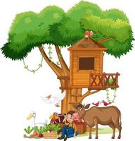 Many farm animals and treehouse vector