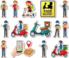 Sticker set of delivery objects and cartoon characters vector