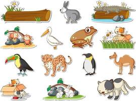 Sticker set of wild animals cartoon vector