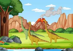 escena con dinosaurios en el bosque vector