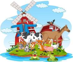 Farm scene with many animals by the barn vector