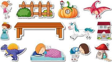 Sticker set of fantasy fairy tale cartoon characters vector