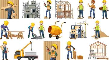 Set of construction site objects and workers vector