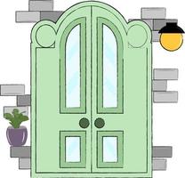 dibujos animados verde puerta con ventanas vector