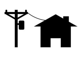 eléctrico polos a transmitir electricidad a casa o hogar en blanco antecedentes negro icono plano vector. vector