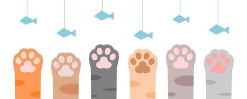 Cute foot paws up cat pet leg stretch to fish toy on white background flat vector icon.