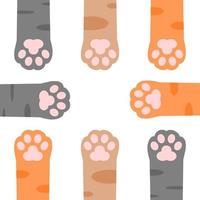 Cute foot paws up cat pet leg stretch on brown background flat vector icon seamless pattern design.