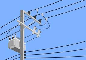 Cement high voltage electric pole with transformer and drop fuse on blue background flat vector design.