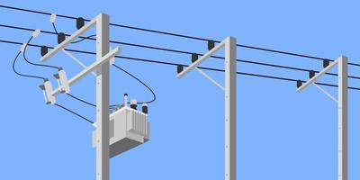 Cement high voltage electric pole with transformer and drop fuse on blue background flat vector design.