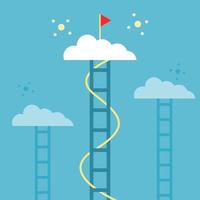 Stairs business step to red flag goal success on white cloud flat vector design.