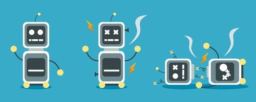 Metal robot crash broken error with spark flat vector icon design. concept page not found error 404.