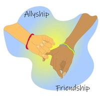 friendly hand holds the other hand, provides support. allyship, friendship, teamwork, concept vector. People with different cultures, ethnic backgrounds, racial equality. vector