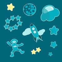 Space theme sticker set with astronaut, planet, stars, rocket, flying saucer on dark green background vector