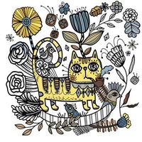 vector ilustración zentangl. un gato de fumar rodeado por flores y aves.