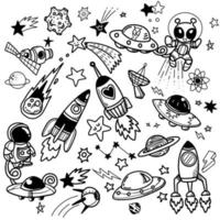 Set with spaceships, planets, and stars. Space-Doodle style. Vector isolated illustration with spaceships