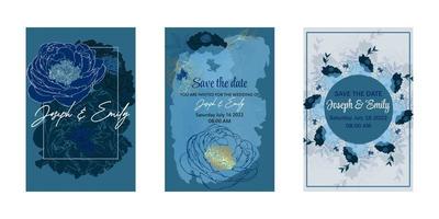 Luxurious wedding invitations. Blue floral templates for mobile and social networks. Vector background.