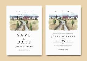 Watercolor wedding invitation of nature landscape with house and road vector