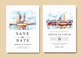 Watercolor wedding invitation of sunrise landscape with harbor and boat vector