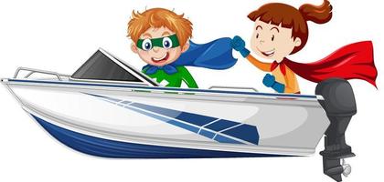 un héroe chico y niña sentado en un velocidad barco en un blanco antecedentes vector