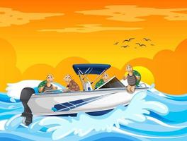 Ocean scene with group of tortoises on speedboat vector