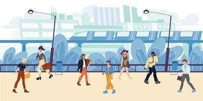 Cityscape, buildings, apartment houses, train, metro, trees, street lamps, walking people. vector