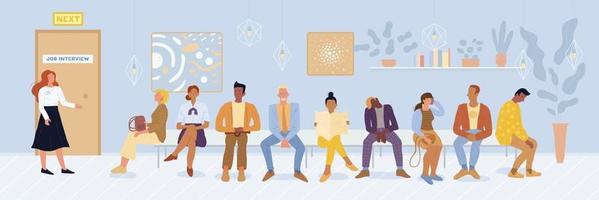 Multiracial men, women, graduated sitting on bench in queue, waiting for job interview. vector