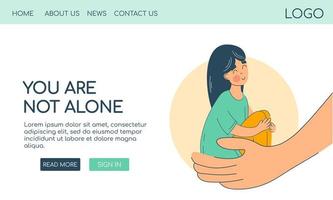 Care, compassion, protection and support concept. Web template banner landing page.  Girl sitting in hands hands hug girl vector isolated flat character. Help to others, caring for others, support.