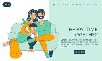 Web template website design banner. Father mother and son with cat together landing page. Sitting on sofa hug and smiling. Happy time toghether poster for web vector