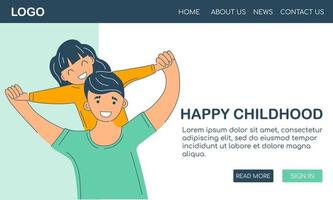 Web template website design banner. Father and daughter playing together landing page. Man hold his small child on back. Happy family childhood poster for web vector