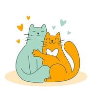 Hugging cute couple of cartoon funny cats vector isolated on white background. Romantic Valentine's day kawaii card. Love concept. Doodle style.