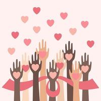 Multicultural hands in the air with hearts. Support  and unity concept. Vector flat illustration isolated on white background.