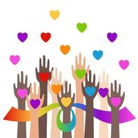 Multicultural hands in the air with multicolor rainbow hearts. Support  and unity concept. Vector flat illustration isolated on white background.