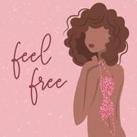 No Bra Day 13 october card. Beautiful dark skin woman with bra. Concept of freedom, fire power,  feminism, bodypositive.  Design for prints, banners, posters, pins, social media. Vector illustration.